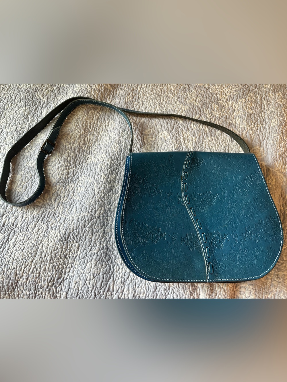 European handmade Teal Embossed Leather Crossbody Saddle Bag Purse - Women